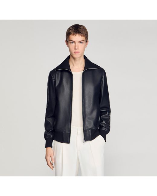 Sandro Blue Zipped Leather Jacket for men