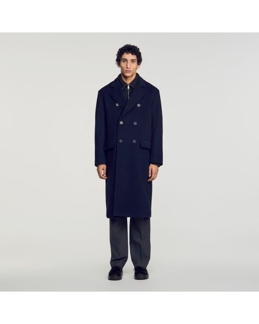 Sandro Blue Double-Breasted Wool-Cashmere Coat for men