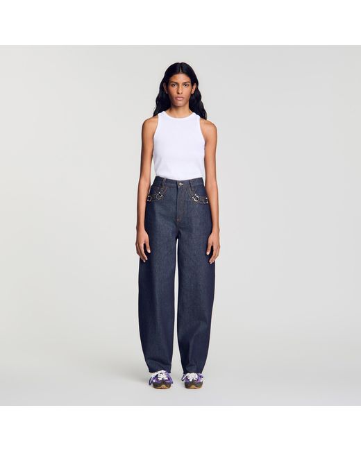 Sandro Blue Barrel Jeans With Metal Details