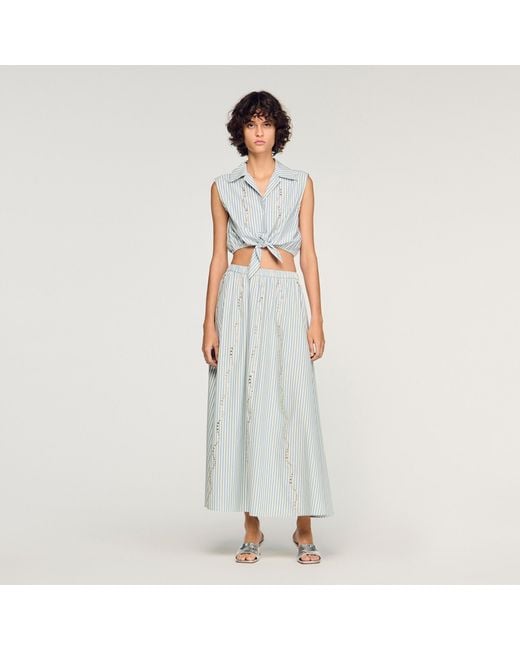 Sandro White Cropped Striped Rhinestone Shirt