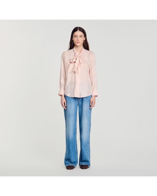Sandro Blue Striped Tie-Neck Shirt