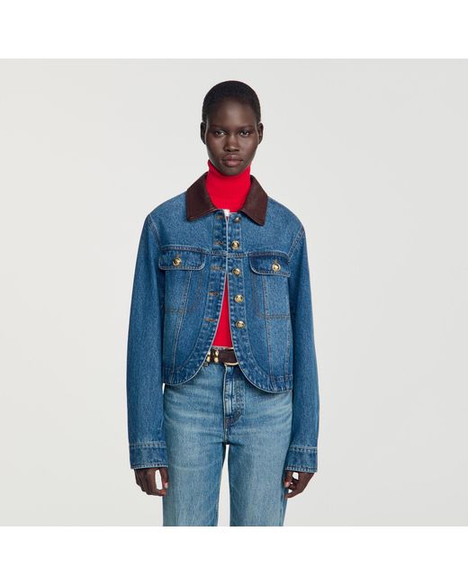 Sandro Blue Denim Jacket With Leather Collar