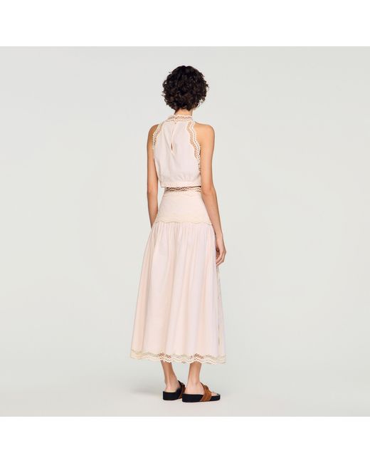 Sandro Pink Cotton Crop Top With Lace Trim