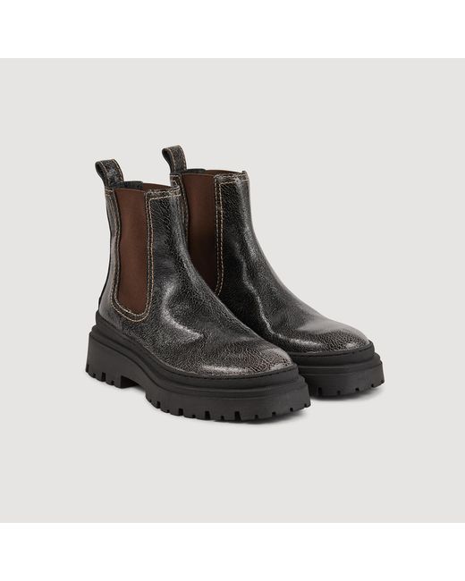 Sandro Black Crackled Leather Chelsea Boots