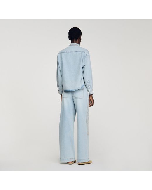 Sandro Blue Rhinestone Cropped Denim Shirt