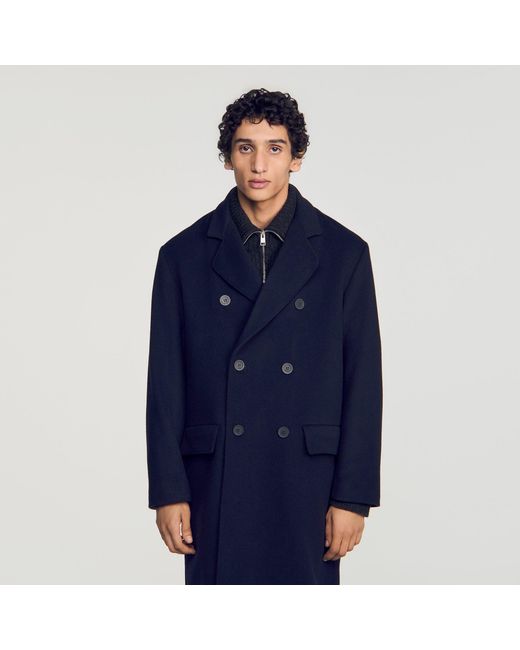Sandro Blue Double-Breasted Wool-Cashmere Coat for men