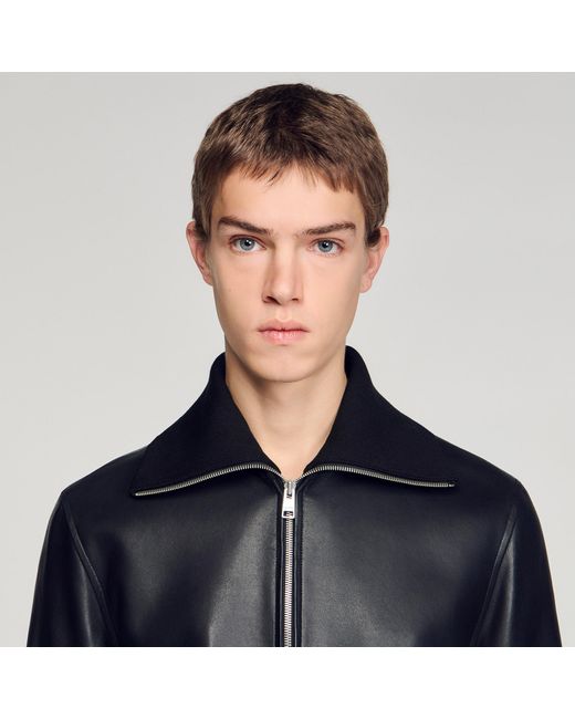 Sandro Blue Zipped Leather Jacket for men