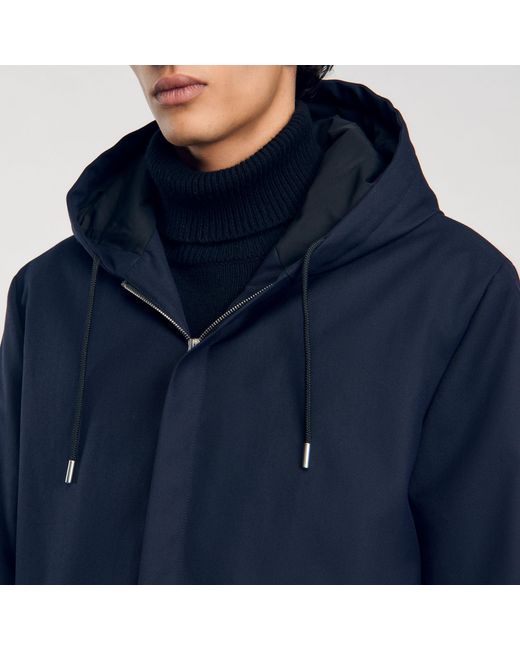 Sandro Blue Navy Technical Quilted Hooded Zip Parka for men