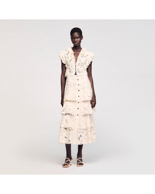 Sandro Natural Long Frilled Skirt