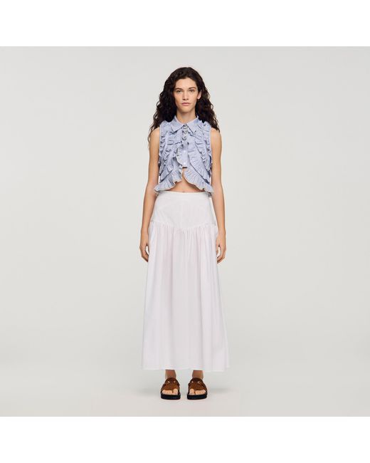 Sandro White Long Poplin Skirt With Ties
