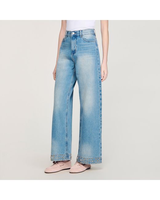 Sandro Blue Straight Rhinestone Cotton Jeans