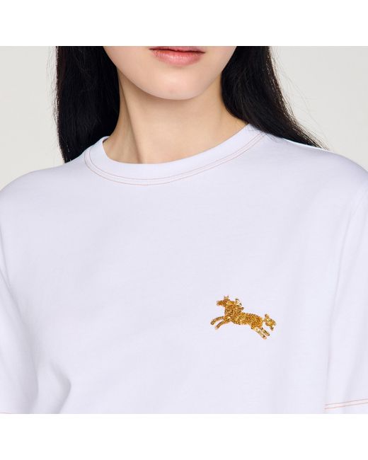 Sandro Blue Horse Embroidery Cotton T-Shirt