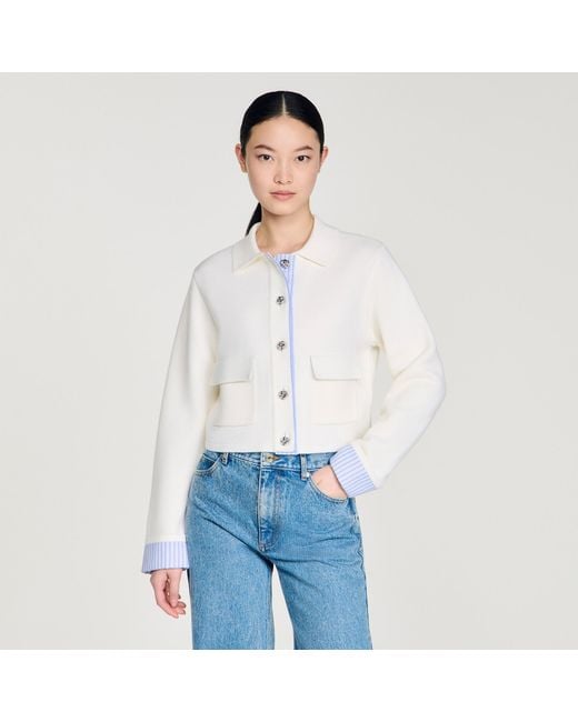 Sandro Blue Wool Cardigan With A Polo Collar