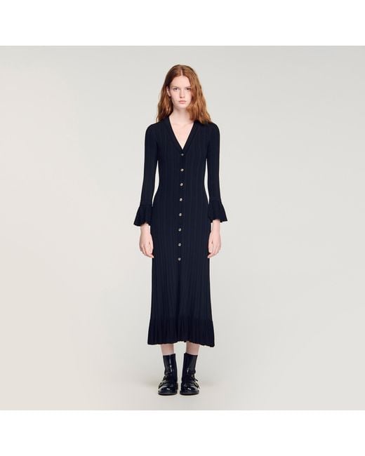 Sandro Blue Knit Maxi Dress With Ruffle