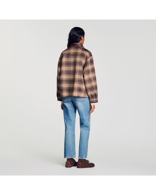 Sandro Blue Check Jacket With Leather Collar
