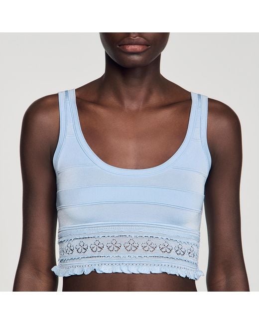 Sandro Blue Pointelle Knit Crop Top