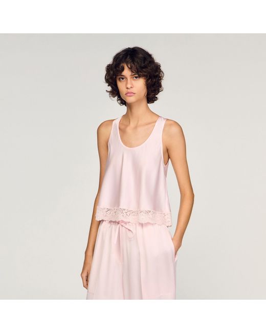 Sandro Pink Satin Top With Lace