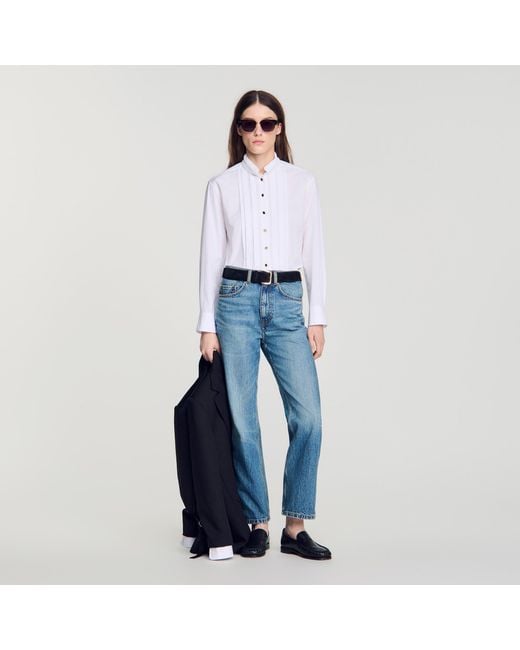 Sandro Blue Pleated Shirt With Origami Collar