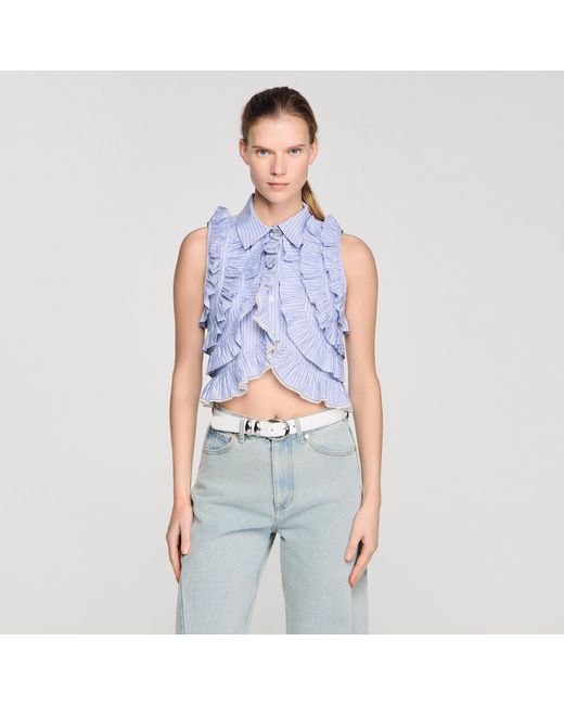 Sandro Blue Striped Ruffled Shirt