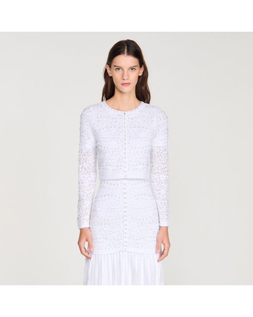 Sandro White Cropped Pearl Cardigan