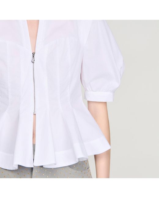 Sandro White Zipped Peplum Shirt