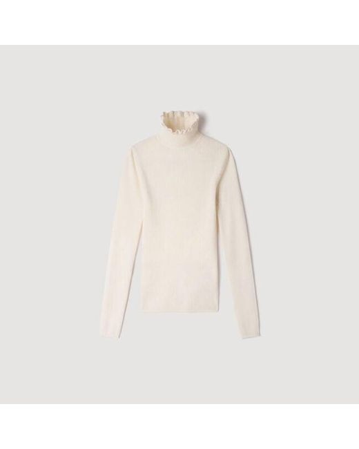 Sandro Blue Ruffled Turtleneck Wool Sweater