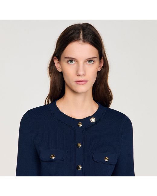 Sandro Blue Cropped Rib Knit Cardigan