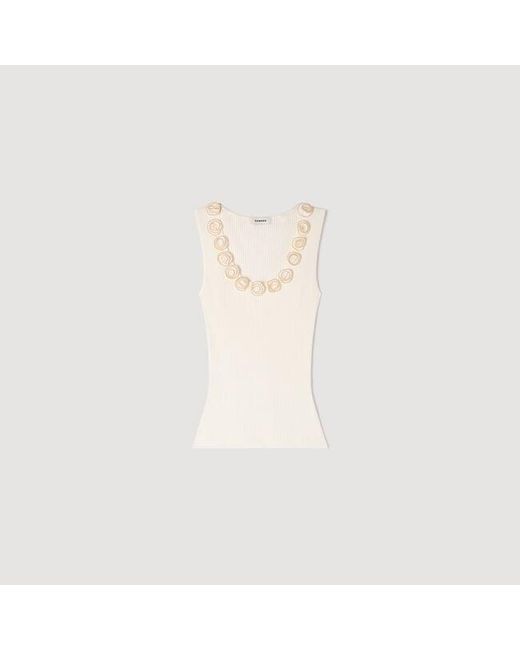 Sandro White Ribbed Jumper With Beaded Roses