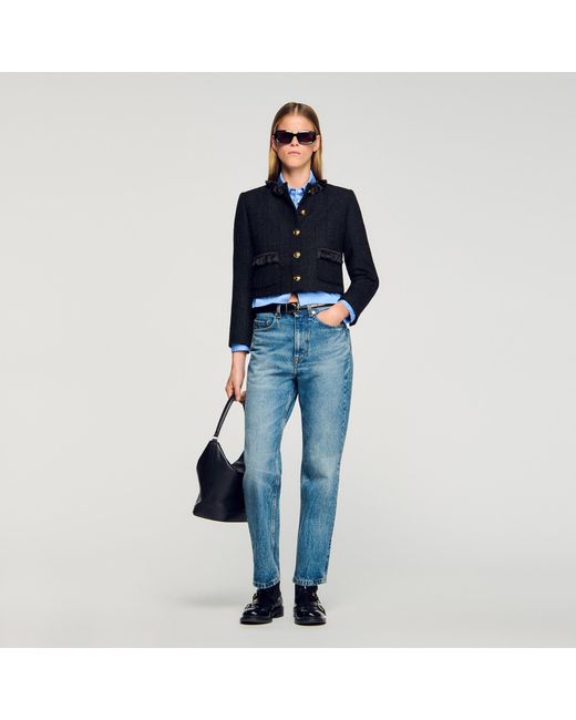 Sandro Blue Ruffled Tweed Jacket