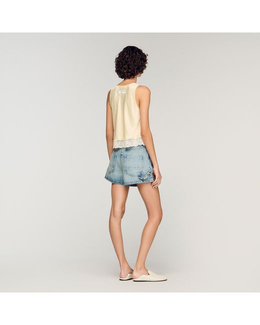 Sandro Blue Satin Top With Lace Trim