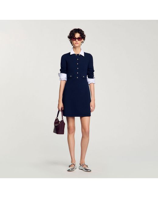 Sandro Blue Short Button-Up Knit Dress