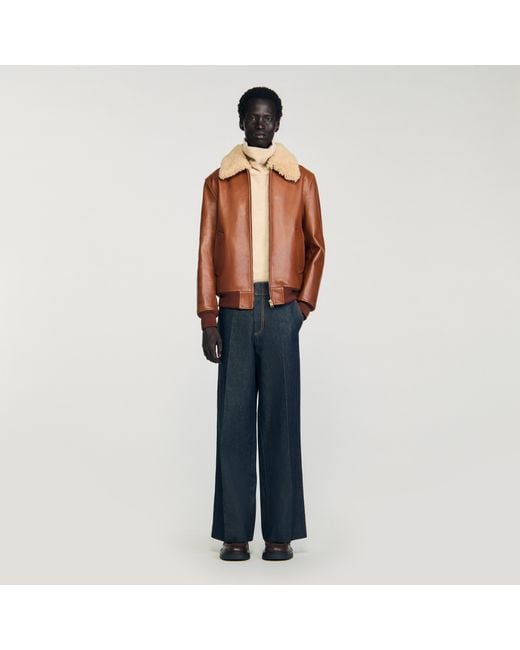Sandro Blue Leather Jacket With Fur Collar for men