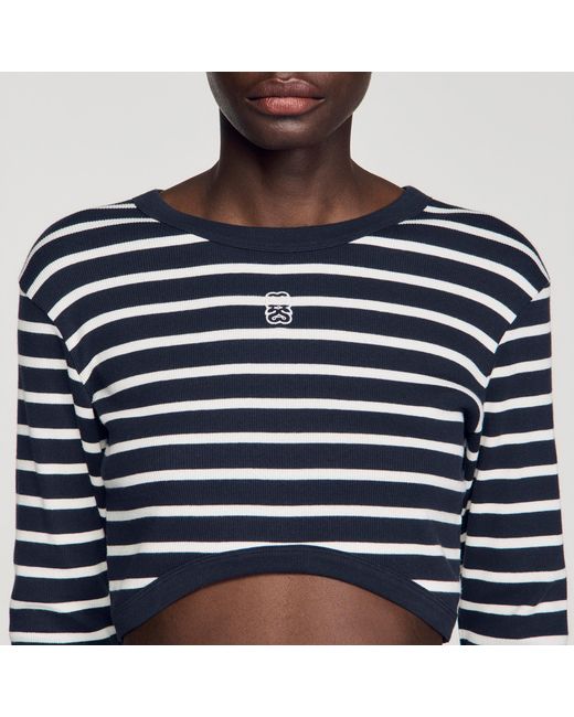 Sandro Blue Cropped Striped Cotton T-Shirt