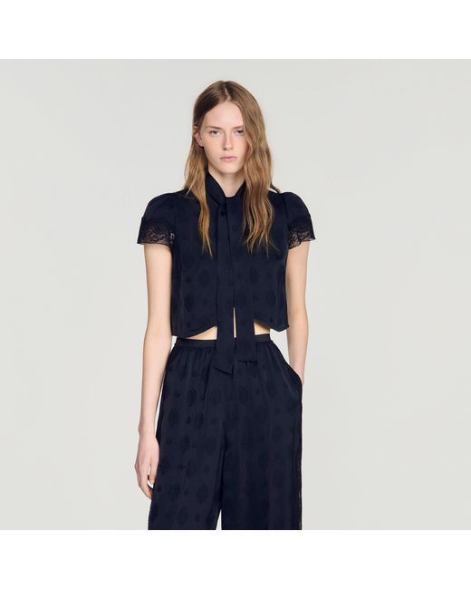 Sandro Blue Paisley Jacquard Crop Top