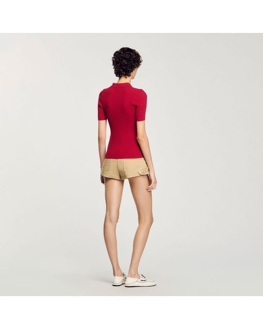 Sandro Red Rib Knit Polo Shirt