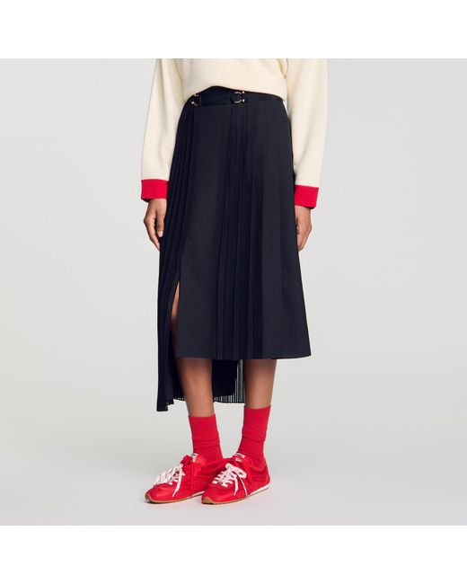 Sandro Blue Maxi Asymmetrical Pleated Skirt