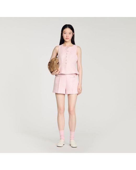 Sandro Pink Sequin Check Tweed Shorts