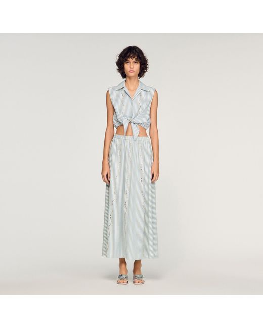 Sandro White Rhinestone Striped Long Skirt