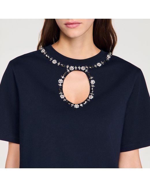 Sandro Blue Rhinestone Openwork T-Shirt