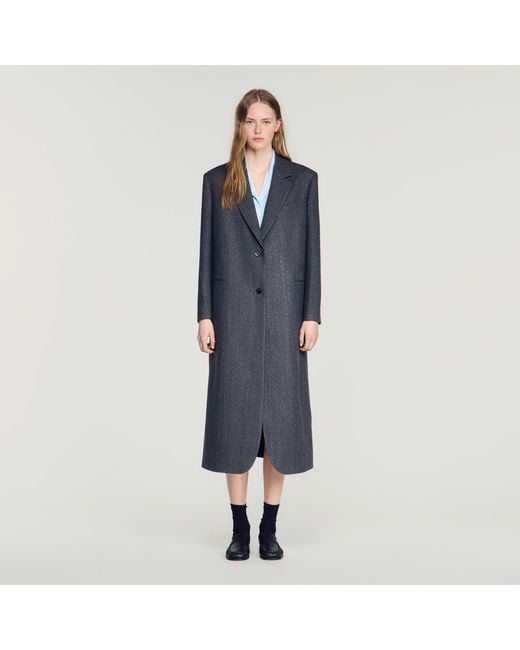 Sandro Blue Long Wool Coat With Rhinestones