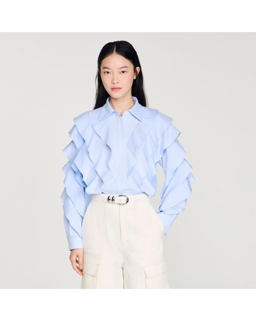 Sandro Blue Ruffled Cotton Shirt