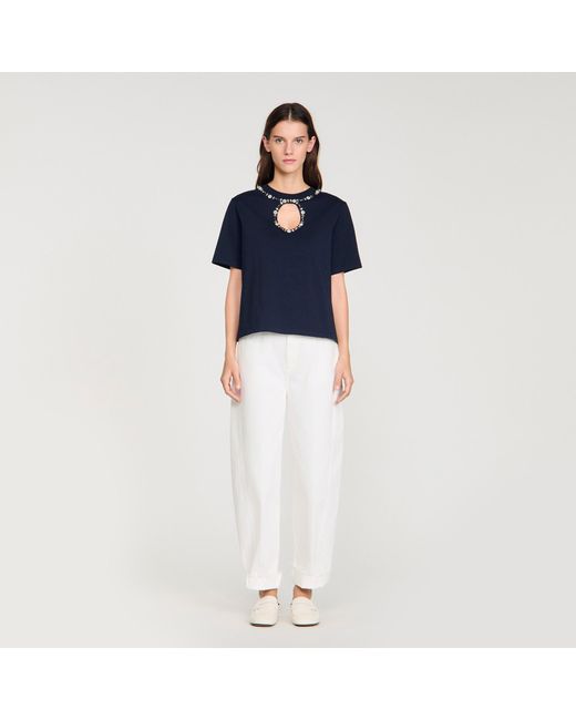 Sandro Blue Rhinestone Openwork T-Shirt