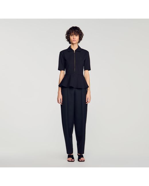 Sandro Blue Peplum T-Shirt With Polo Collar