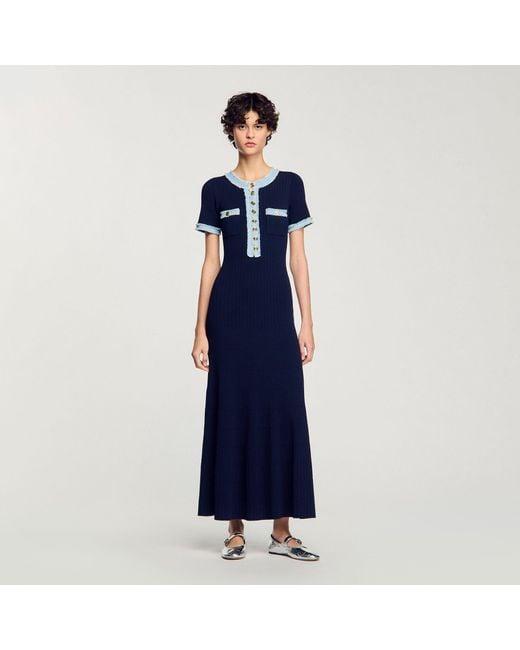 Sandro Blue Knit And Denim Midi Dress
