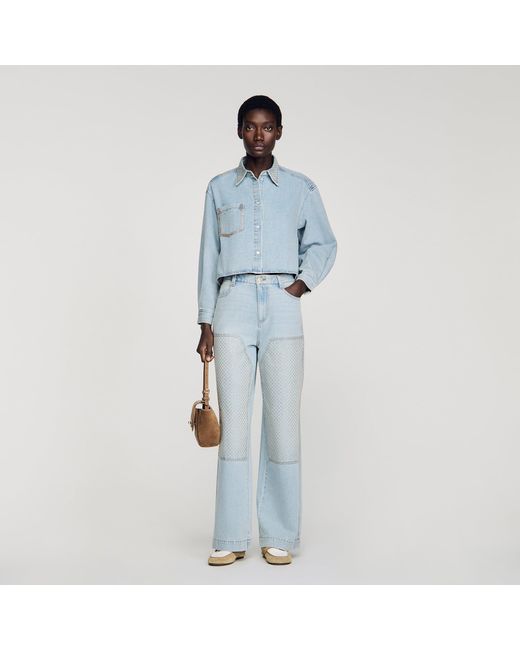 Sandro Blue Rhinestone Cropped Denim Shirt