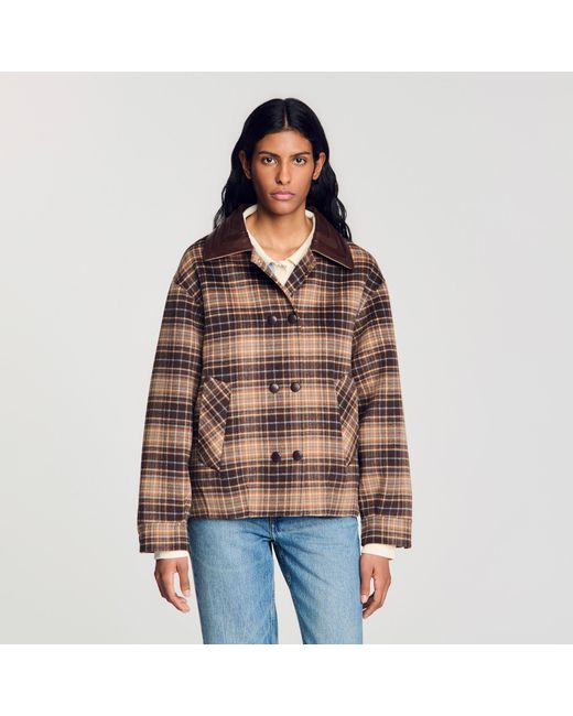 Sandro Blue Check Jacket With Leather Collar