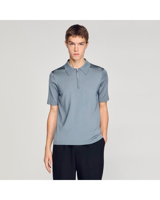 Sandro Blue Knitted Polo Shirt With Zip Collar for men