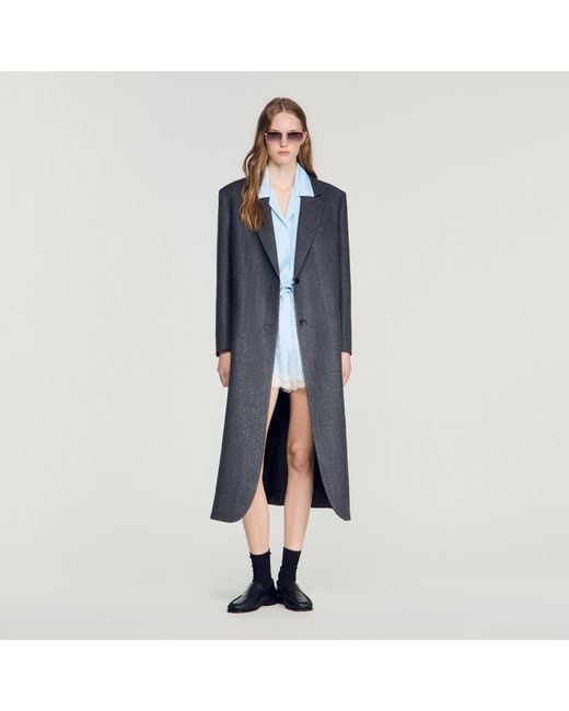 Sandro Blue Long Wool Coat With Rhinestones
