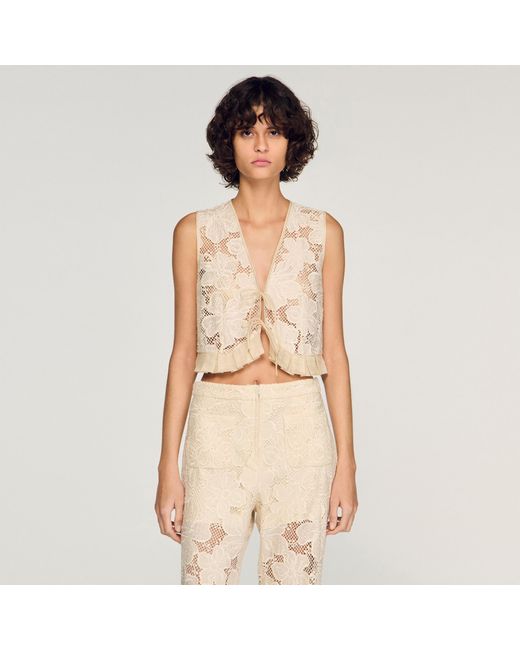 Sandro Natural Guipure Ruffle Crop Top