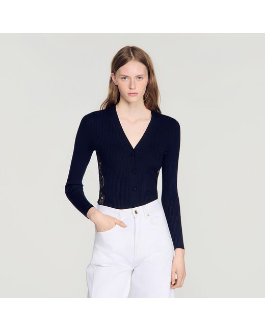 Sandro Blue Cardigan With Lace Panel